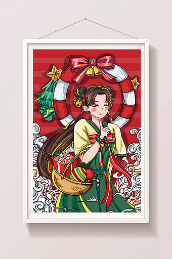 红绿色调中式圣诞节女孩和礼物插画图片