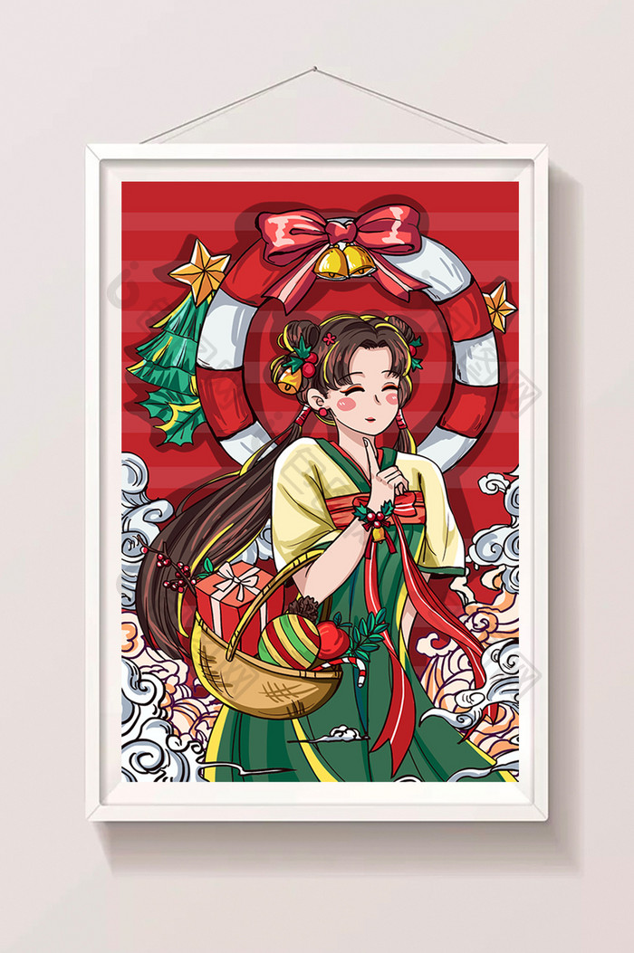 红绿色调中式圣诞节女孩和礼物插画