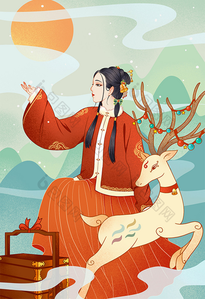 中国风女子国潮圣诞节插画