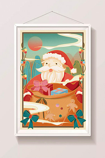 中国风圣诞老人送礼物插画图片