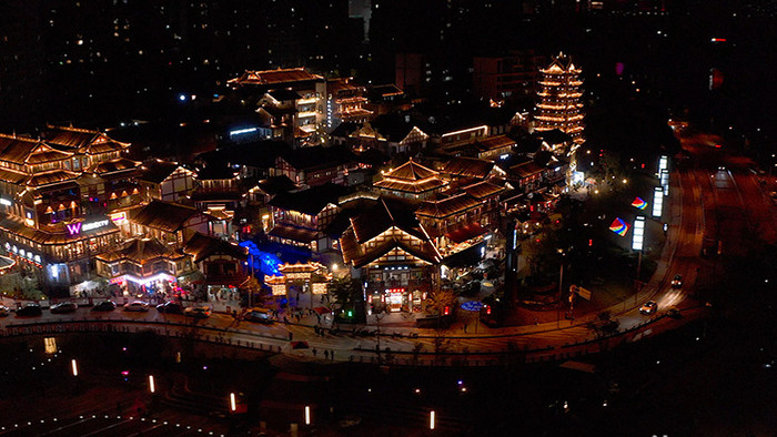 航拍重庆西流沱文化小镇建筑灯火辉煌夜景