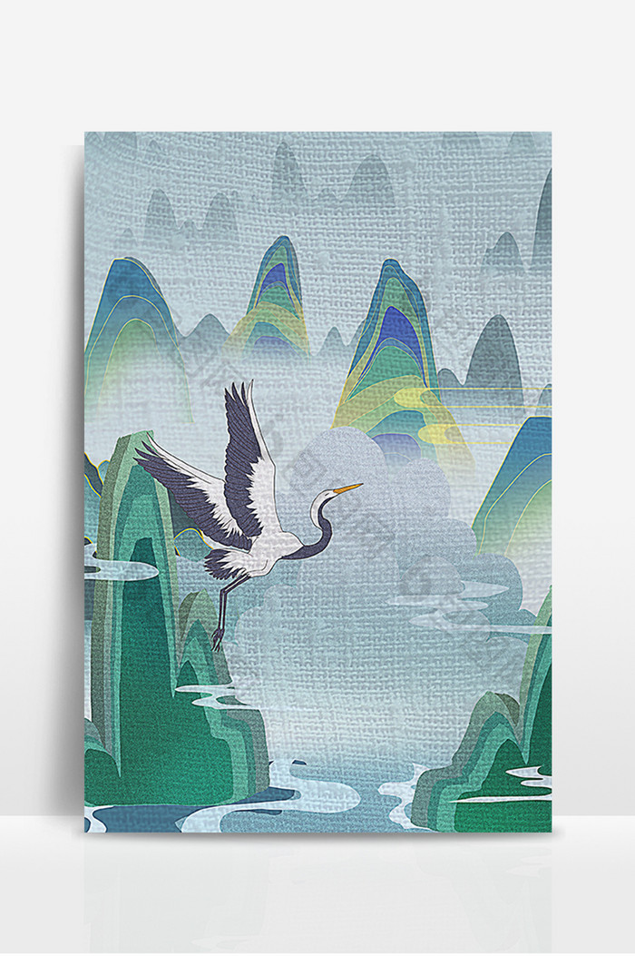 墨绿色中国风山水刺绣印花纹理背景