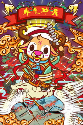 红橙牛神下凡送祝福牛气冲天新年插画