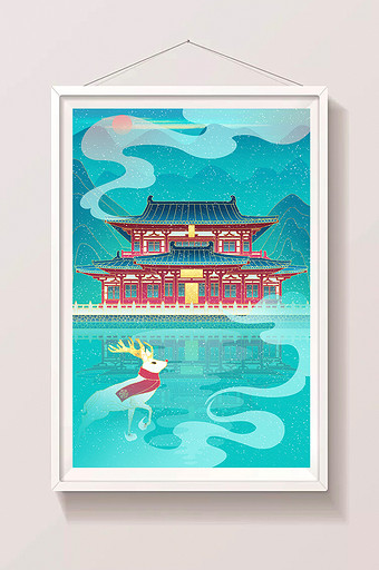 中国风鎏金圣诞小雪新年山水西安华清宫插画图片