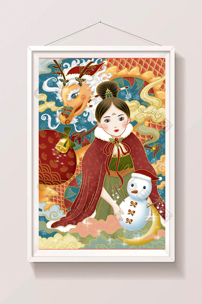 红色中国风圣诞节国潮中式古装鎏金插画