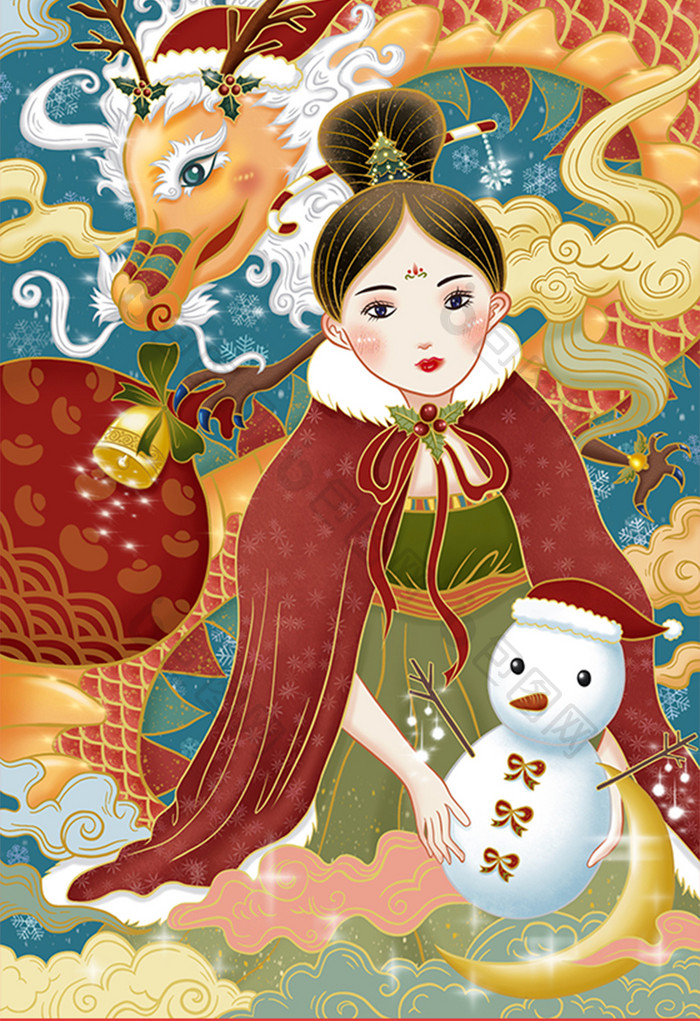 红色中国风圣诞节国潮中式古装鎏金插画