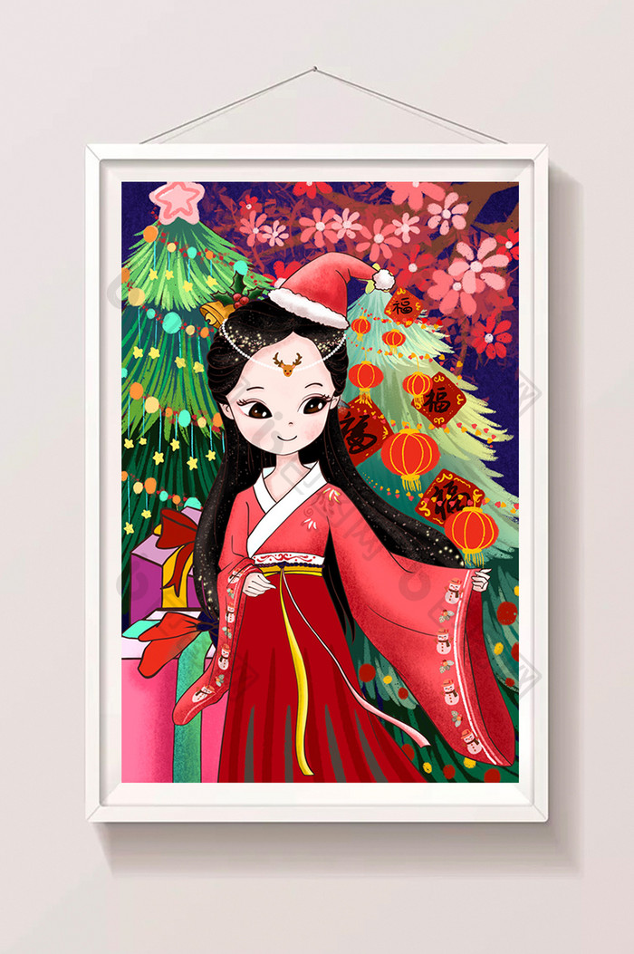 红色中国古代女孩圣诞迎新插画