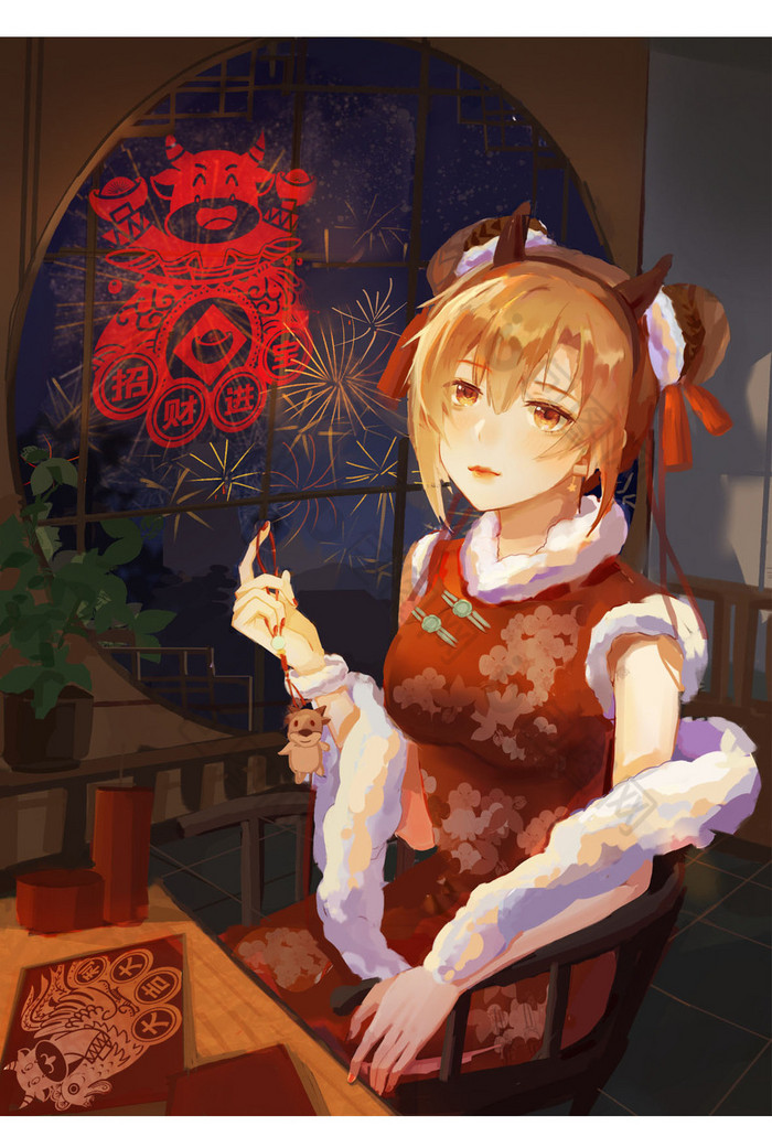 中国风少女春节牛年图图片