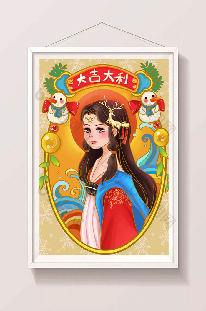 红色喜庆中国古代少女圣诞插画