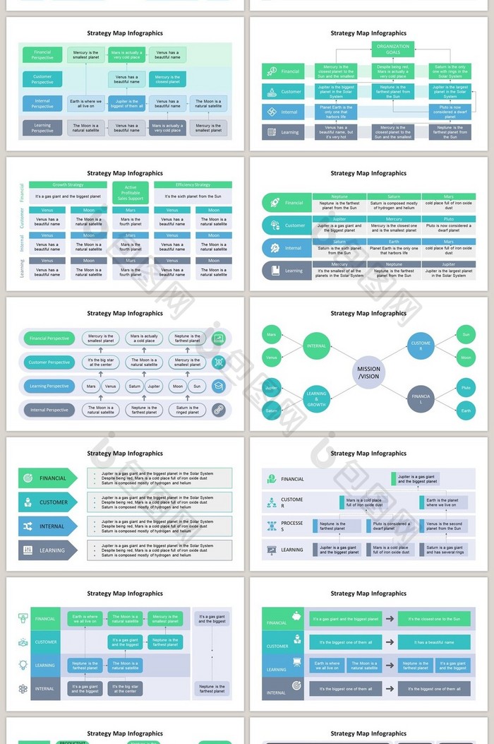 蓝绿色组织图40页图表合集PPT模板