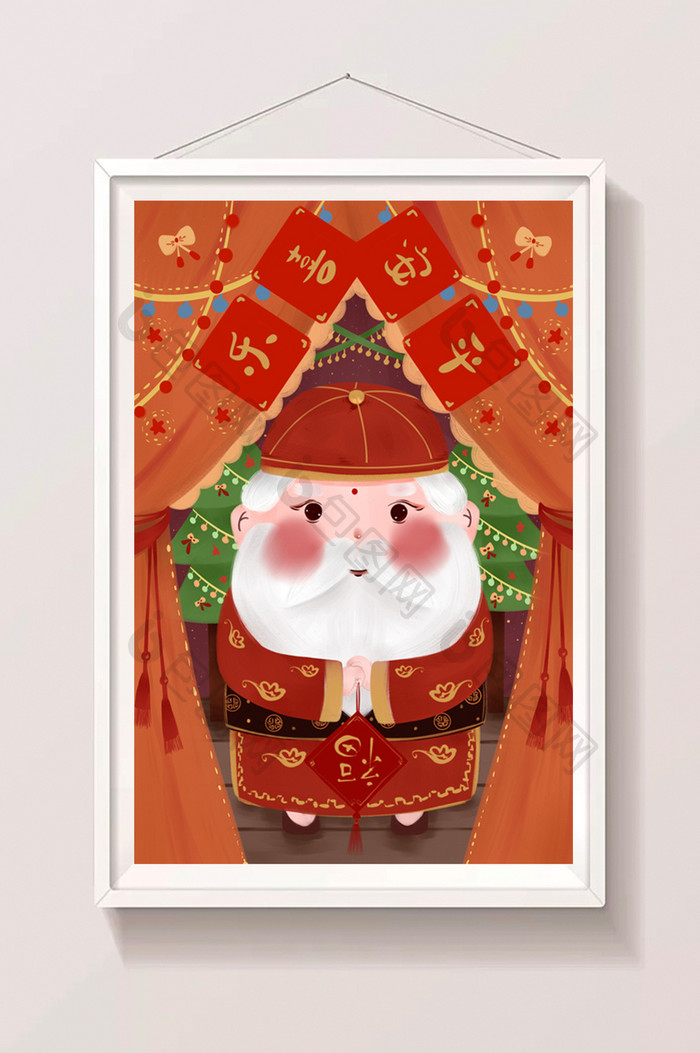 红色中国式扁平风舞台圣诞插画