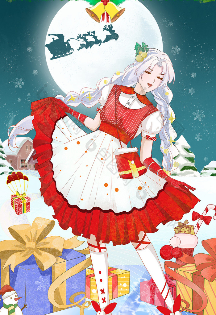 在雪地跳舞的红裙女孩圣诞节插画