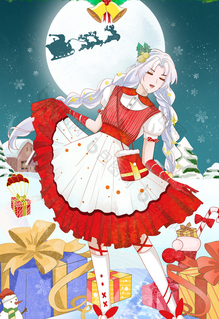 在雪地跳舞的红裙女孩圣诞节插画图片