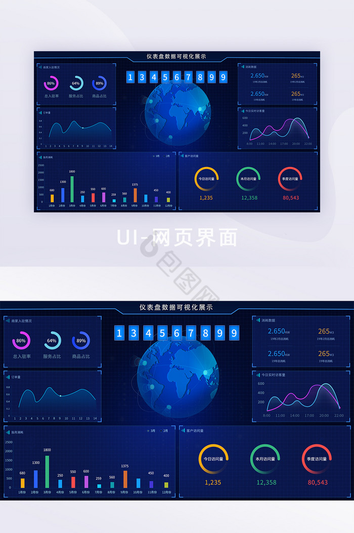 深蓝色科技感数据可视化大屏后台网页界面图图片