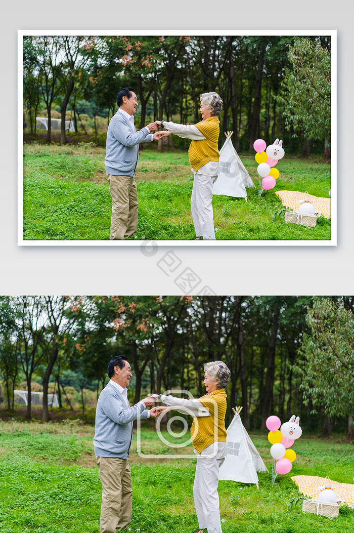 欢乐老年夫妇野外跳舞摄影照片