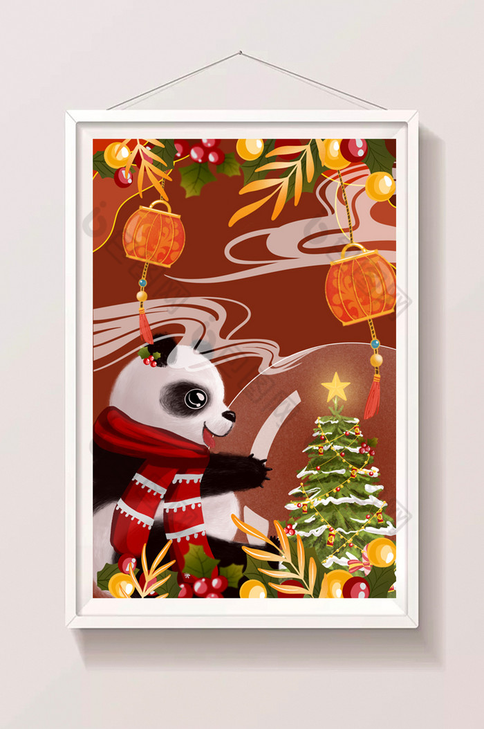 圣诞熊猫与圣诞树插画图片图片