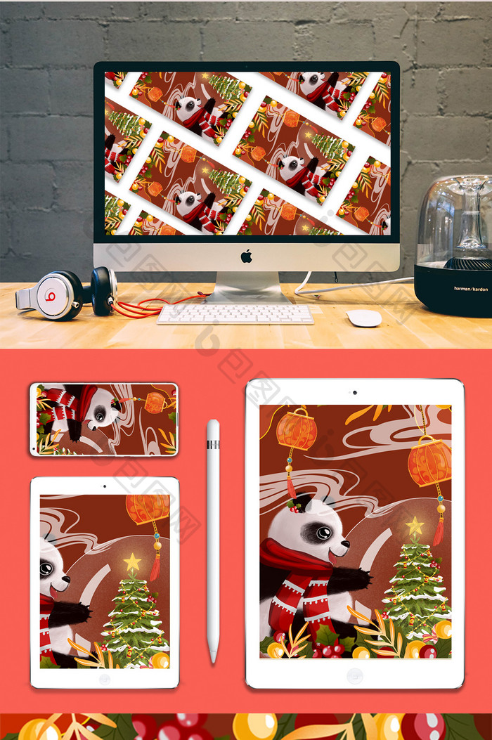 红色中国风圣诞熊猫与圣诞树插画