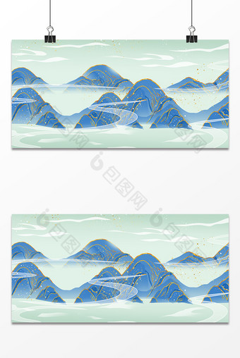 蓝色新中式古风国潮山水意境国风背景图片