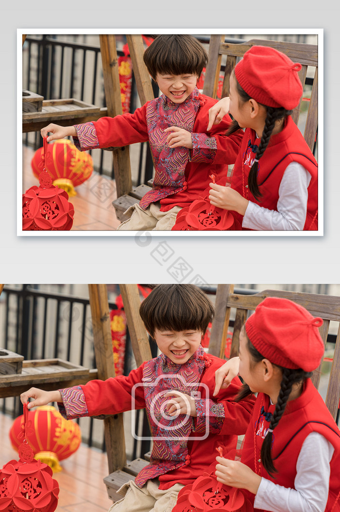 新年红衣男女孩嬉笑摄影图片图片