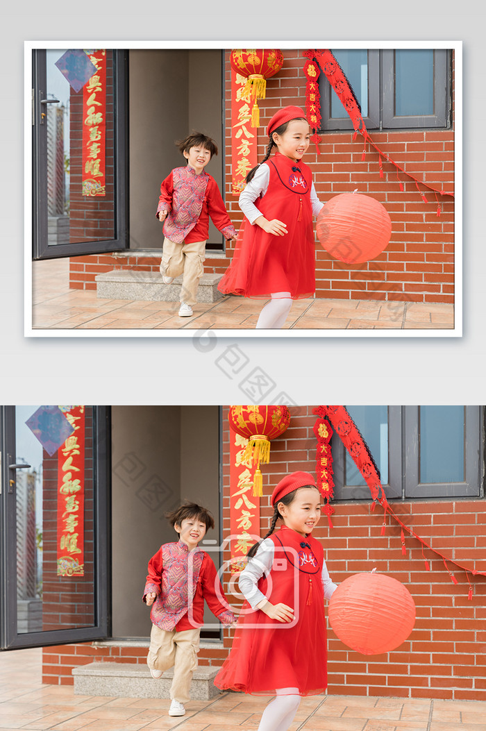 新年红衣男女孩奔跑嬉戏摄影图片图片