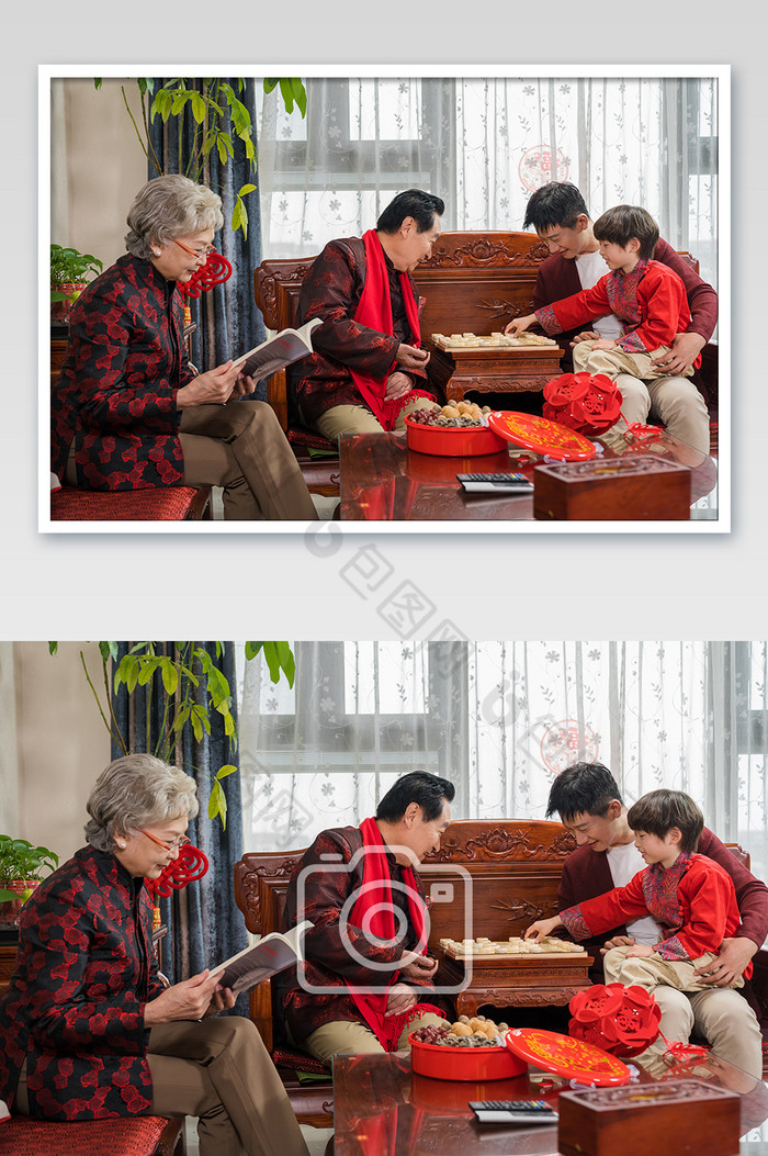 新年家人客厅象棋团聚摄影图片图片