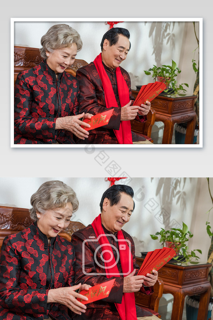 新年爷爷奶奶发红包摄影图片