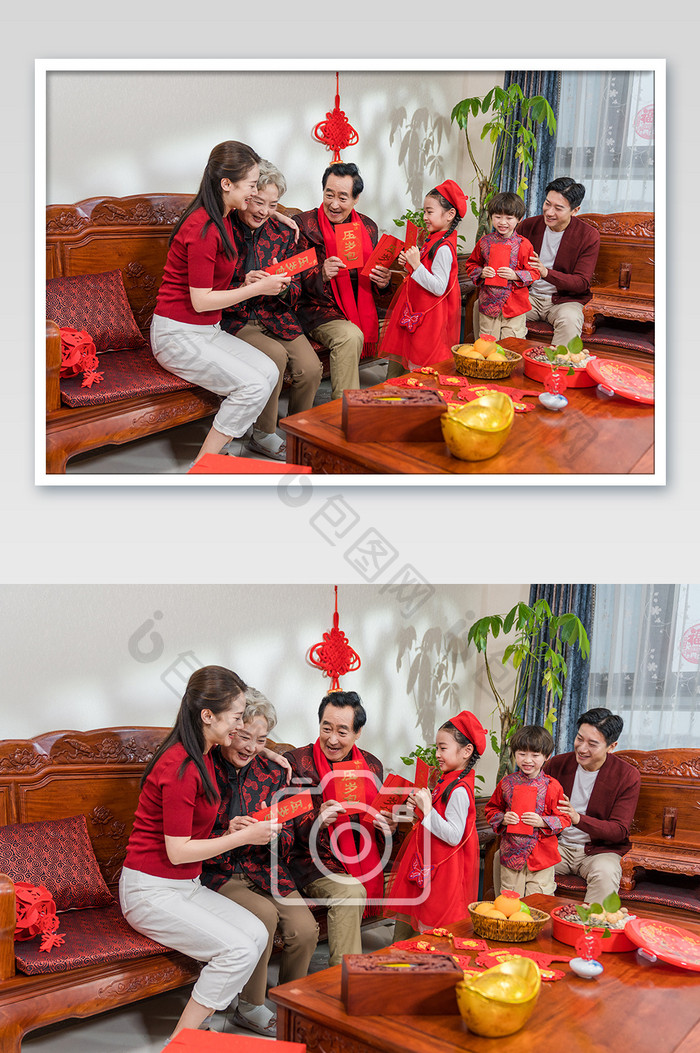 新年一家人客厅收红包摄影图片