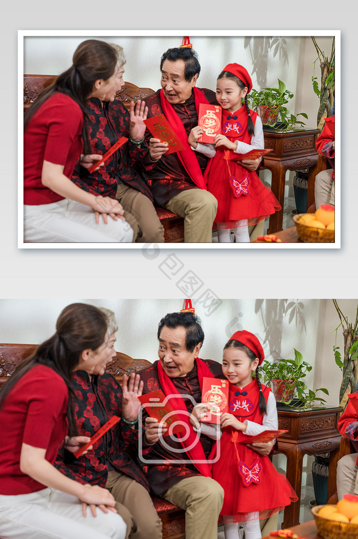 新年爷爷奶奶给孙女发红包摄影图片