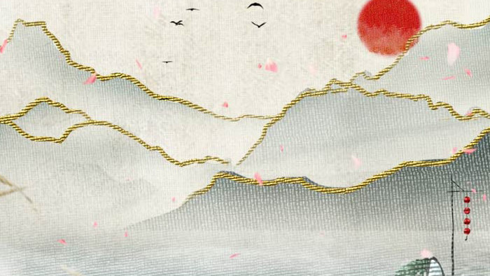 古风传统中华刺绣鎏金山水夕阳背景