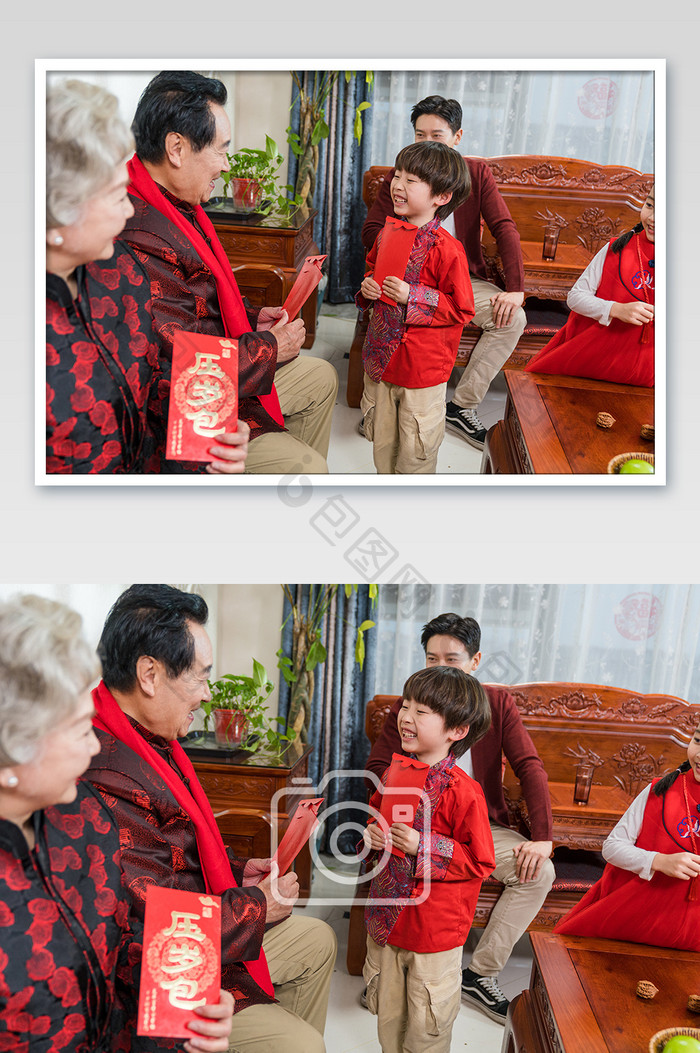 新年客厅爷爷奶奶给孙子发红包摄影图片
