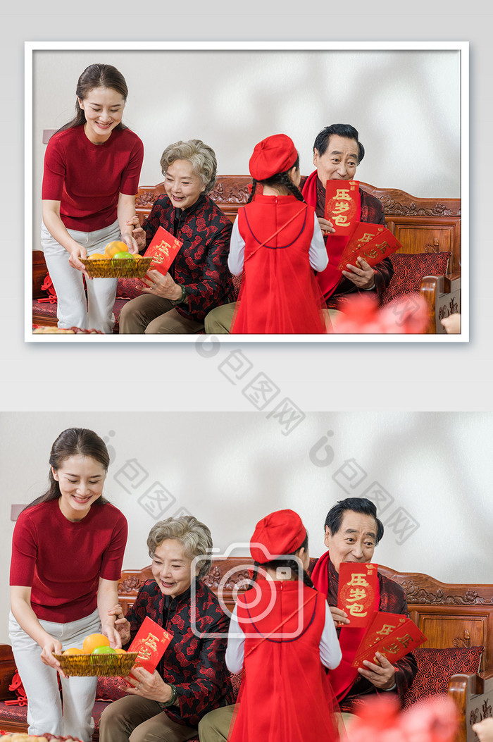 新年家人客厅吃水果发红包摄影图片图片