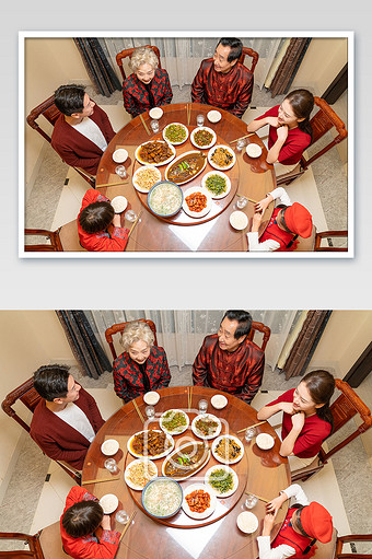 新年全家人吃团圆饭俯视摄影图片