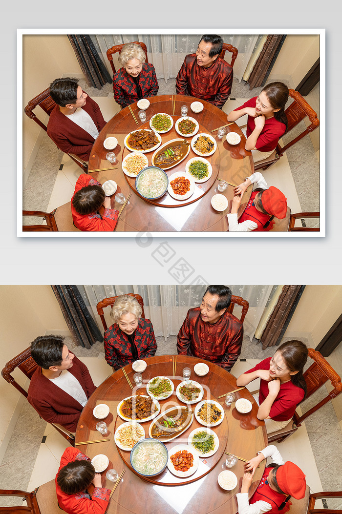 新年全家人吃团圆饭俯视摄影图片