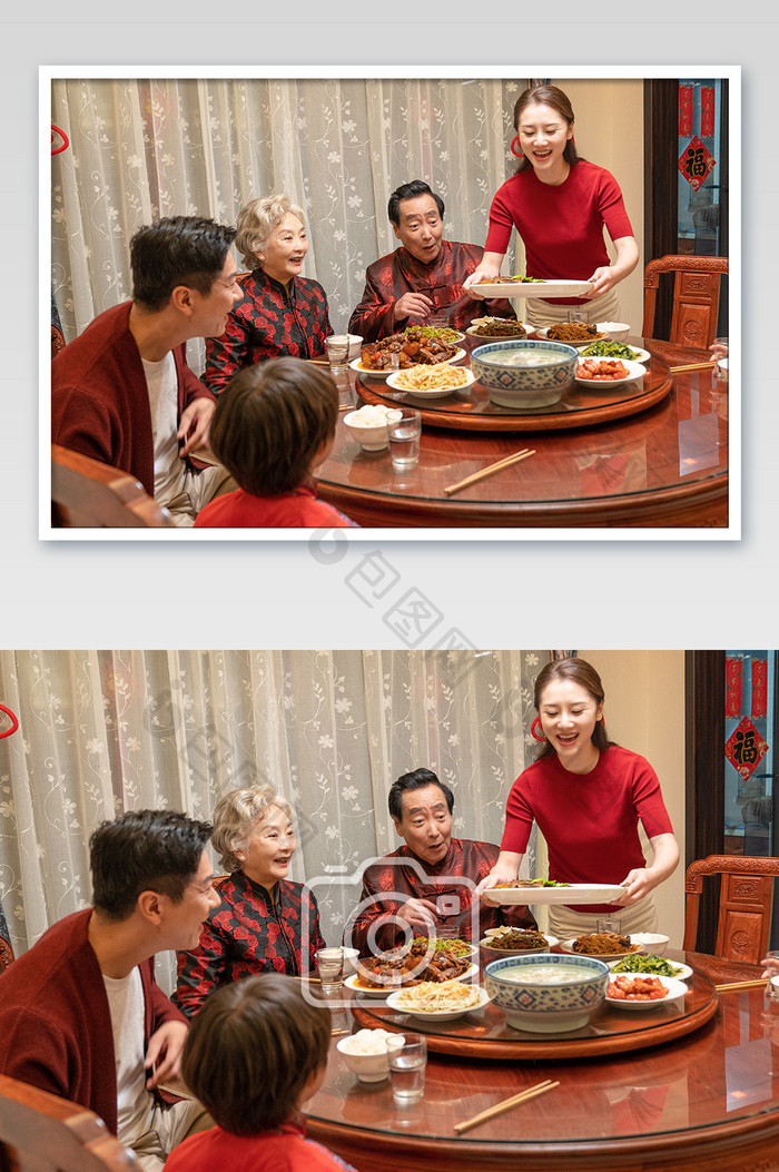 新年一家人团圆饭上菜摄影图片