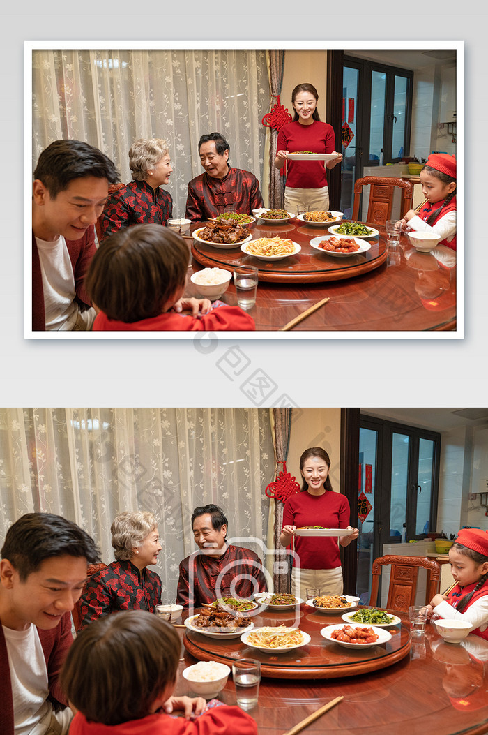 新年全家人团圆饭上菜摄影图片