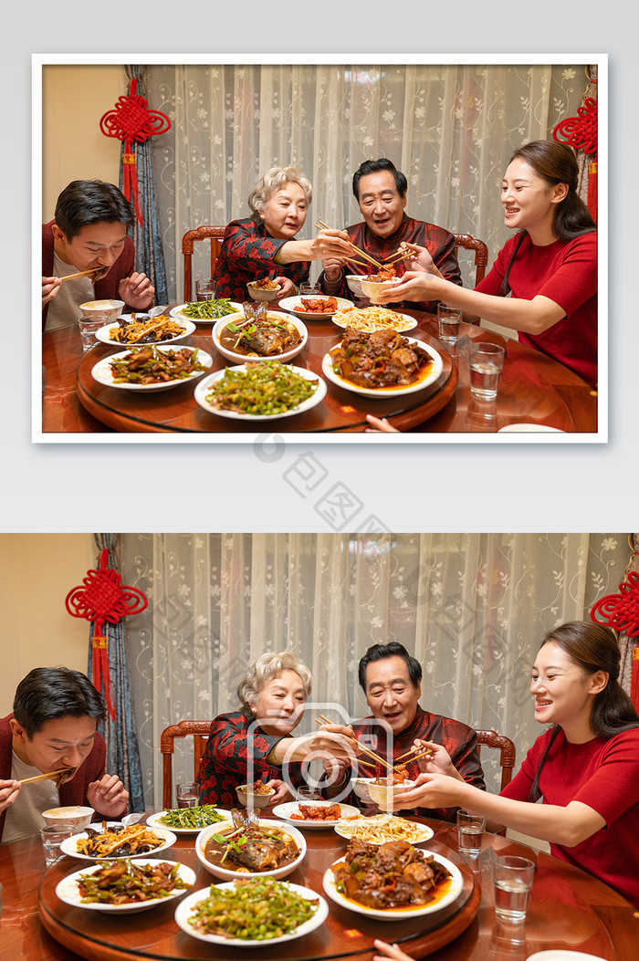 新年全家人团圆饭互夹摄影图片