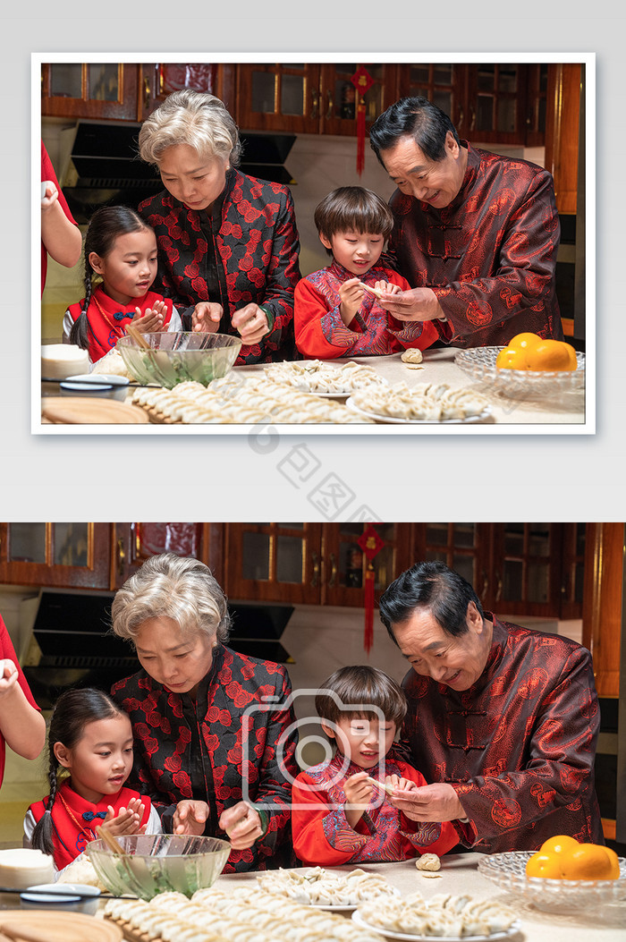 新年爷爷奶奶教孙子孙女包饺子摄影图片图片