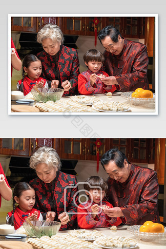 新年爷爷奶奶教孙子孙女包饺子摄影图片