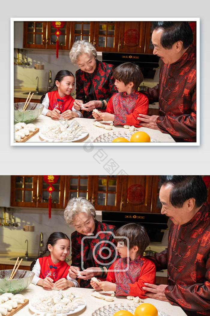 新年爷爷奶奶教子孙包饺子摄影图片图片