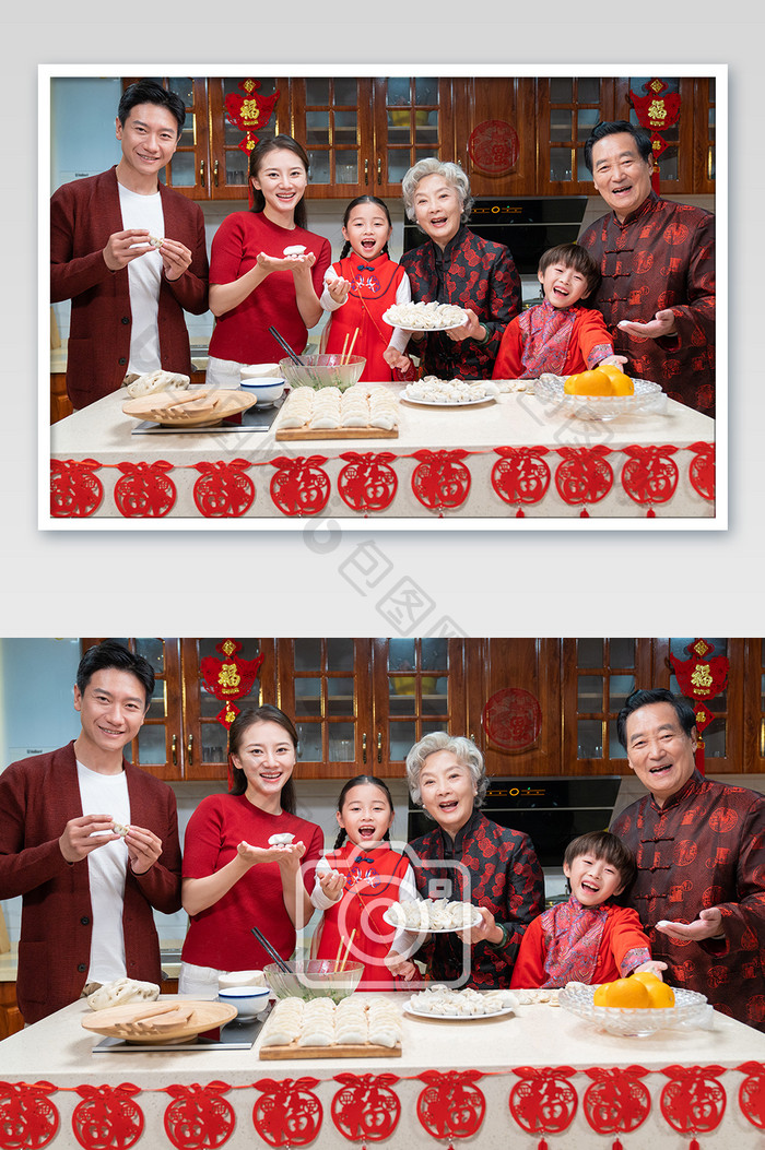 新年一家人包饺子和睦合照摄影图片