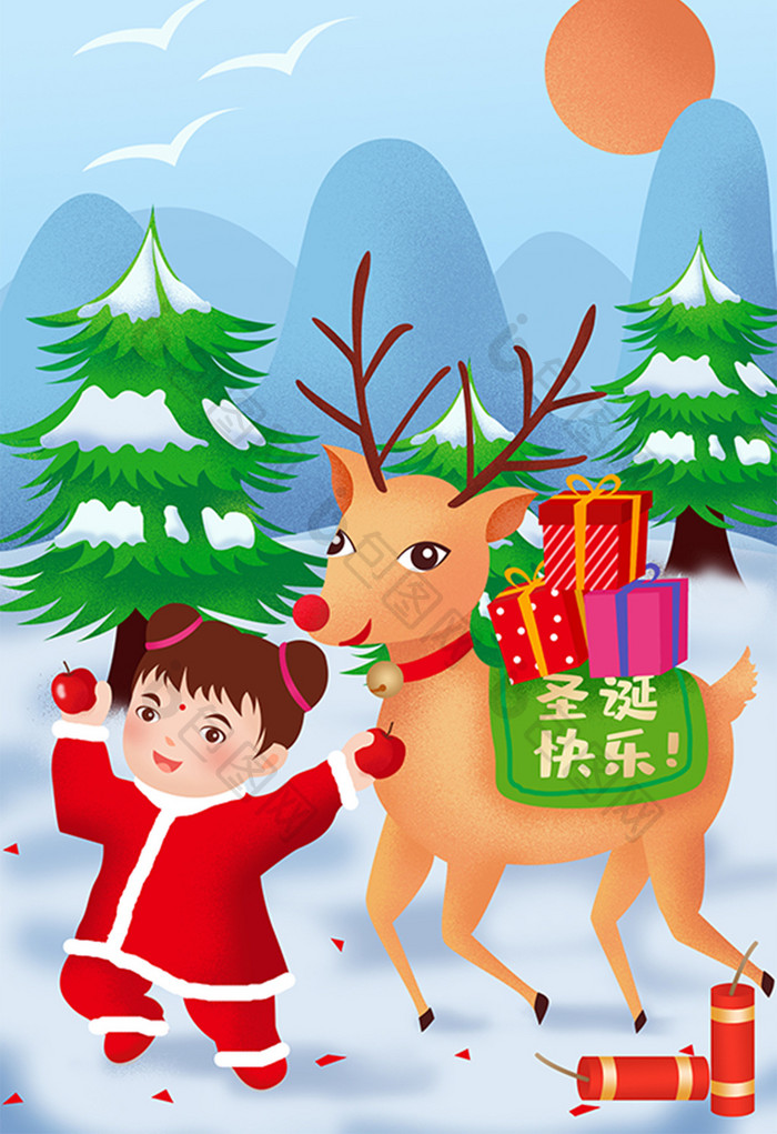中国风圣诞节平安夜插画