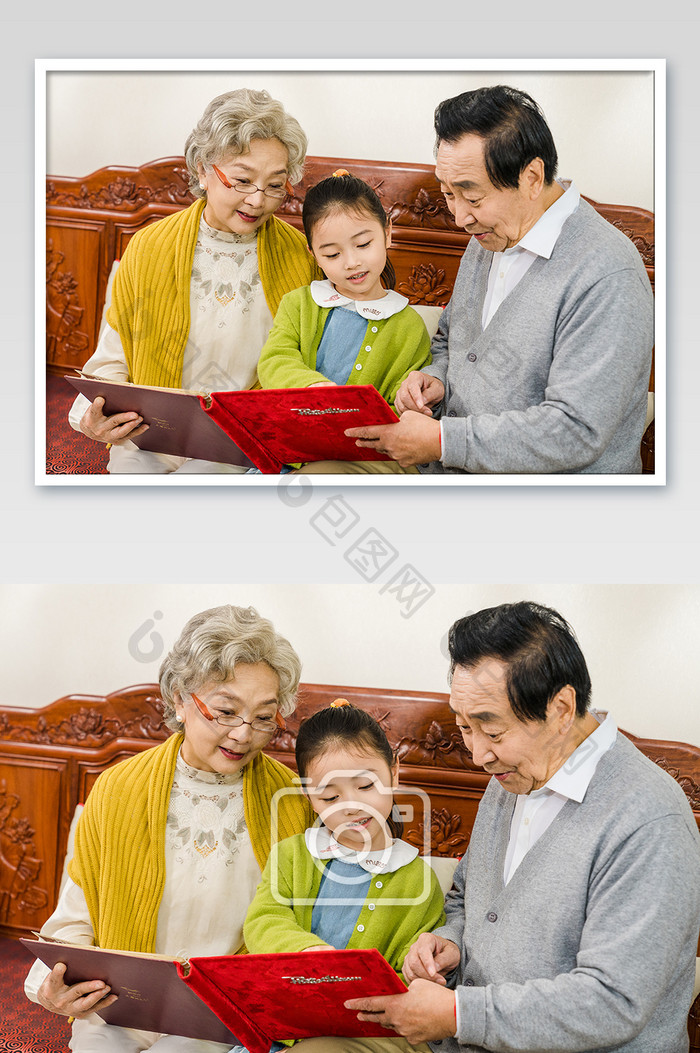 新年老夫妇与孙女看相册摄影图片