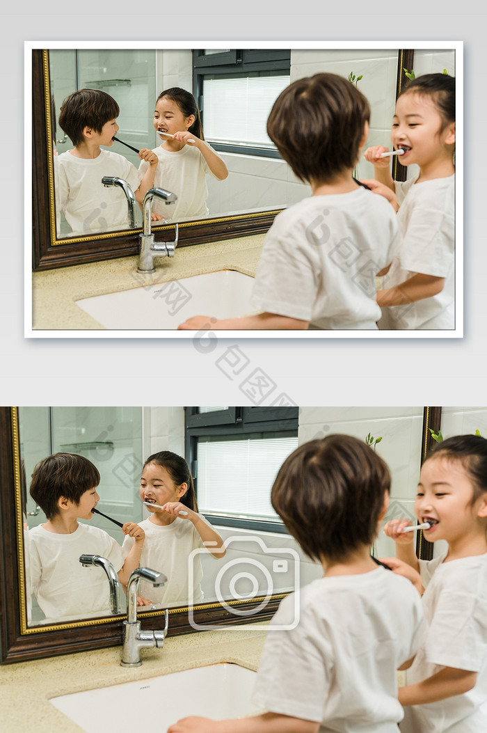清新男女孩互视刷牙摄影图片图片
