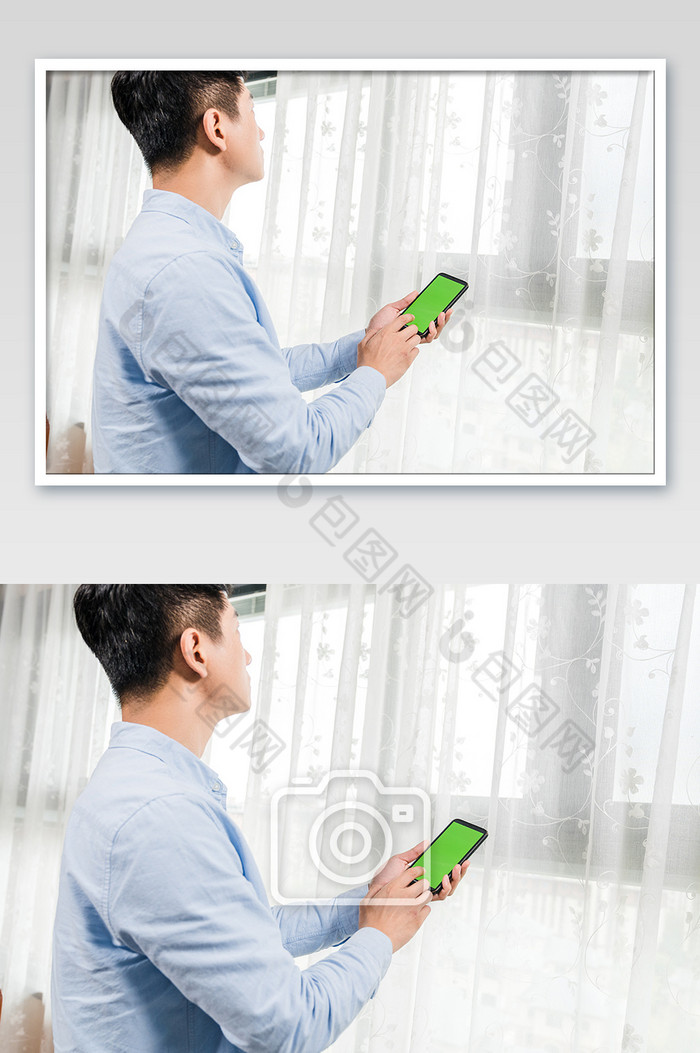 清新年轻男手持手机望向远方摄影图片图片