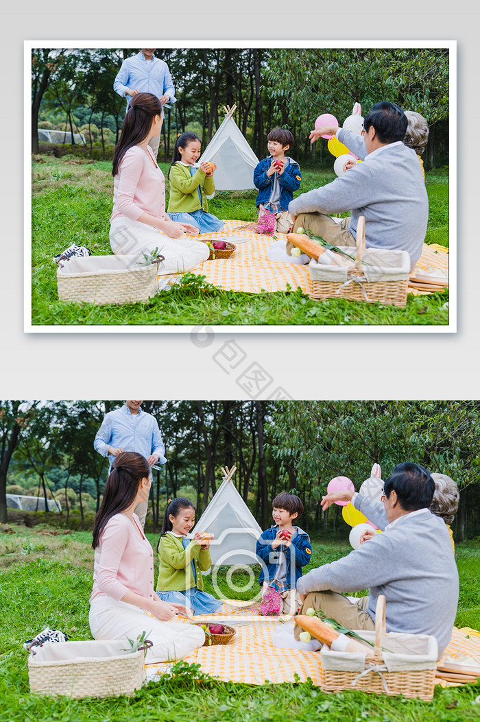 清新全家人野外饮食摄影图片