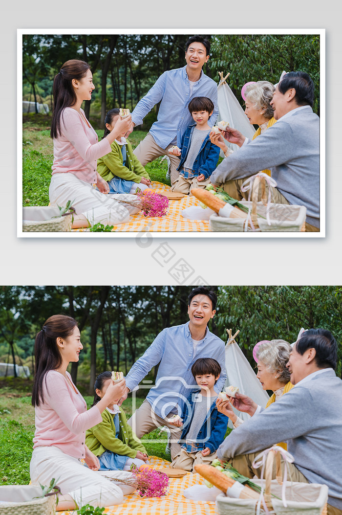 清新全家人野外午餐时间摄影图片