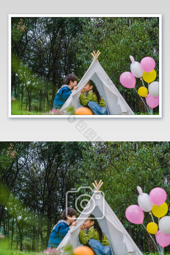 清新男女孩野外帐篷玩耍摄影图片图片