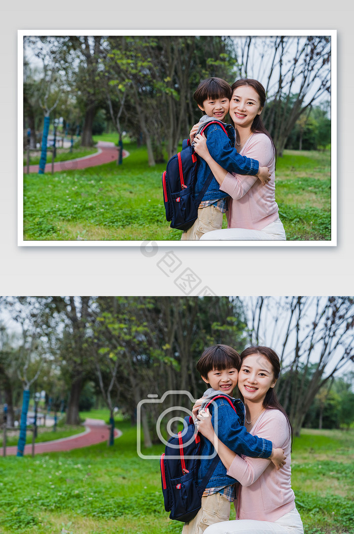 简约温馨妈妈拥抱儿子摄影图片