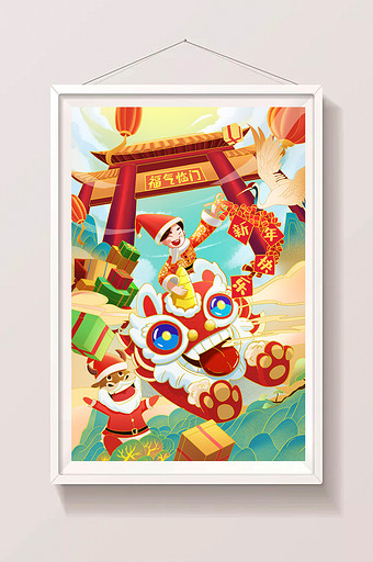 新年牛年跨年圣诞中国风混搭红色喜庆插画图片