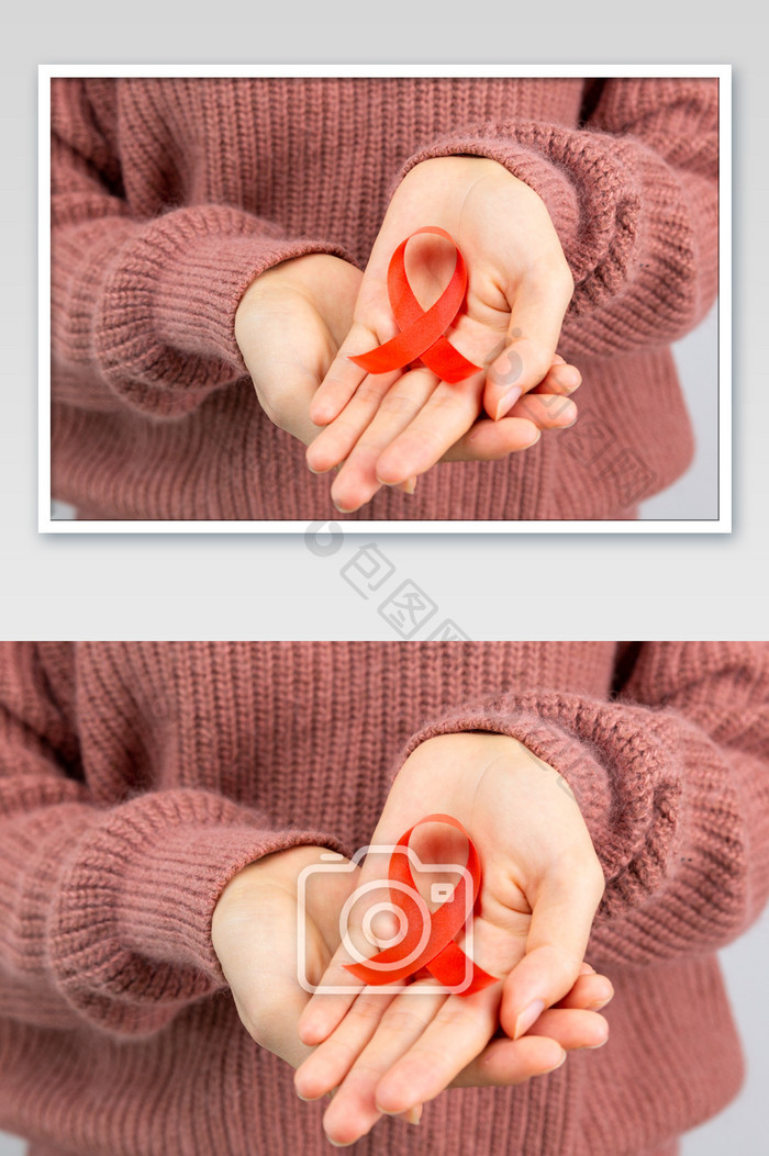 女性手捧红丝带关爱艾滋